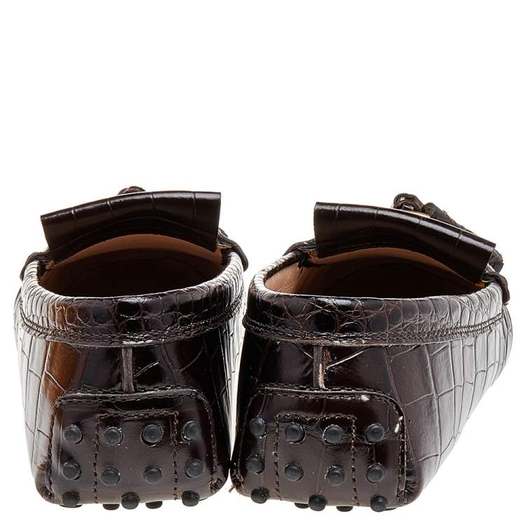Pre Owned Tod's Brown Croc Embossed Leather Fringes Tassels Loafers Size 38.5