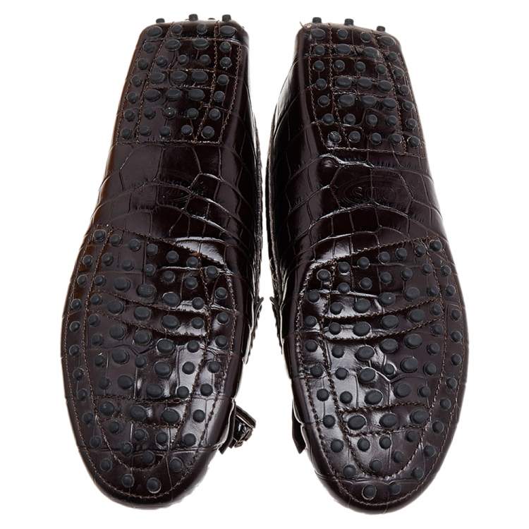 Pre Owned Tod's Brown Croc Embossed Leather Fringes Tassels Loafers Size 38.5