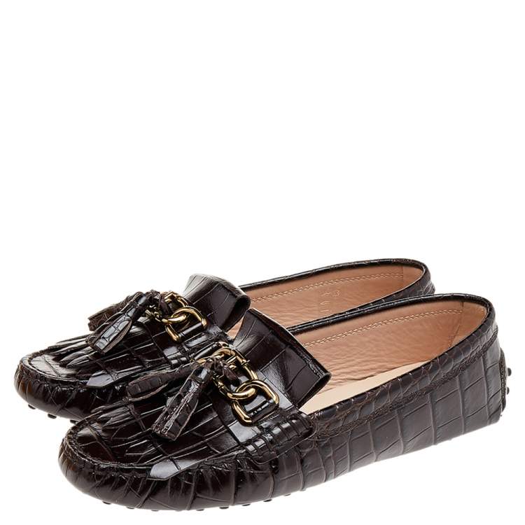 Pre Owned Tod's Brown Croc Embossed Leather Fringes Tassels Loafers Size 38.5