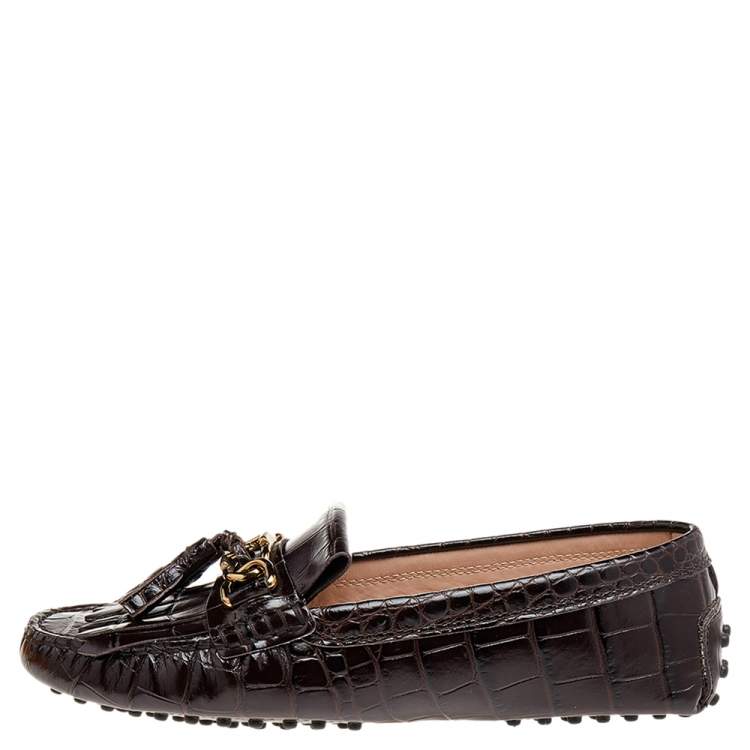 Pre Owned Tod's Brown Croc Embossed Leather Fringes Tassels Loafers Size 38.5