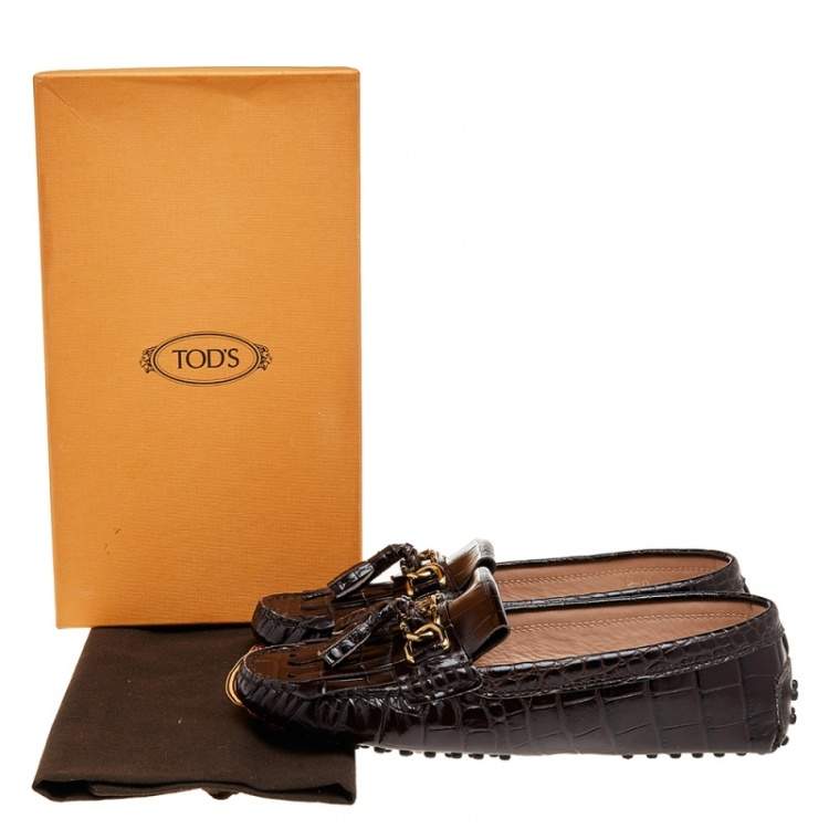 Pre Owned Tod's Brown Croc Embossed Leather Fringes Tassels Loafers Size 38.5