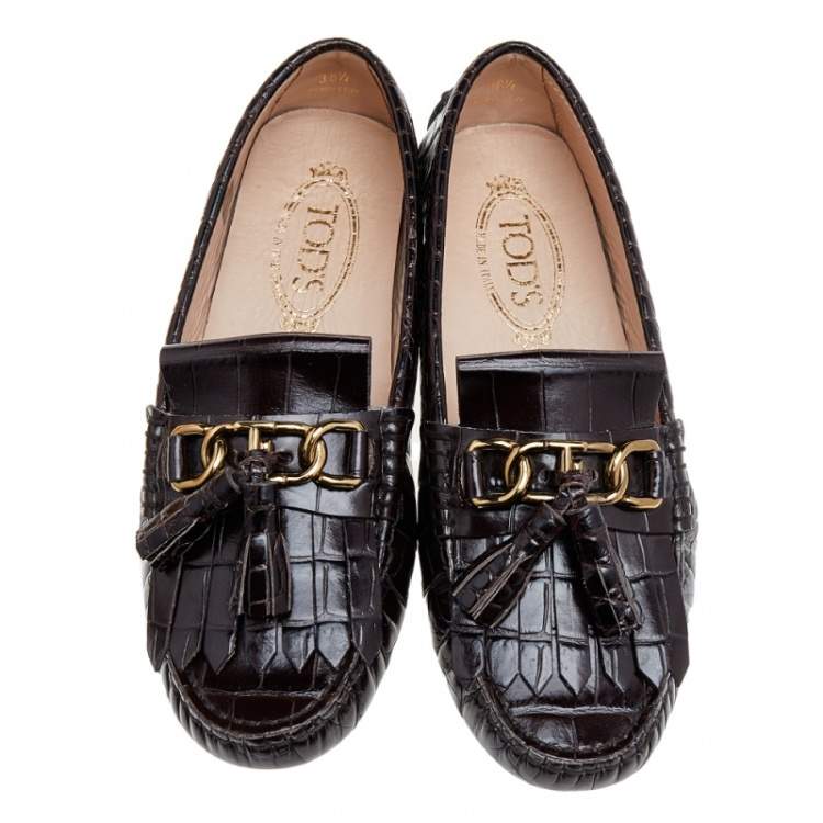 Pre Owned Tod's Brown Croc Embossed Leather Fringes Tassels Loafers Size 38.5