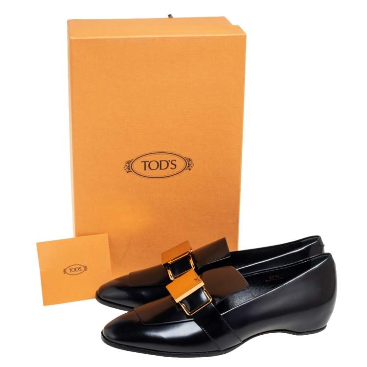 Pre Owned Tod's Black Patent Leather Metal Buckle Strap Loafers Size 37.5