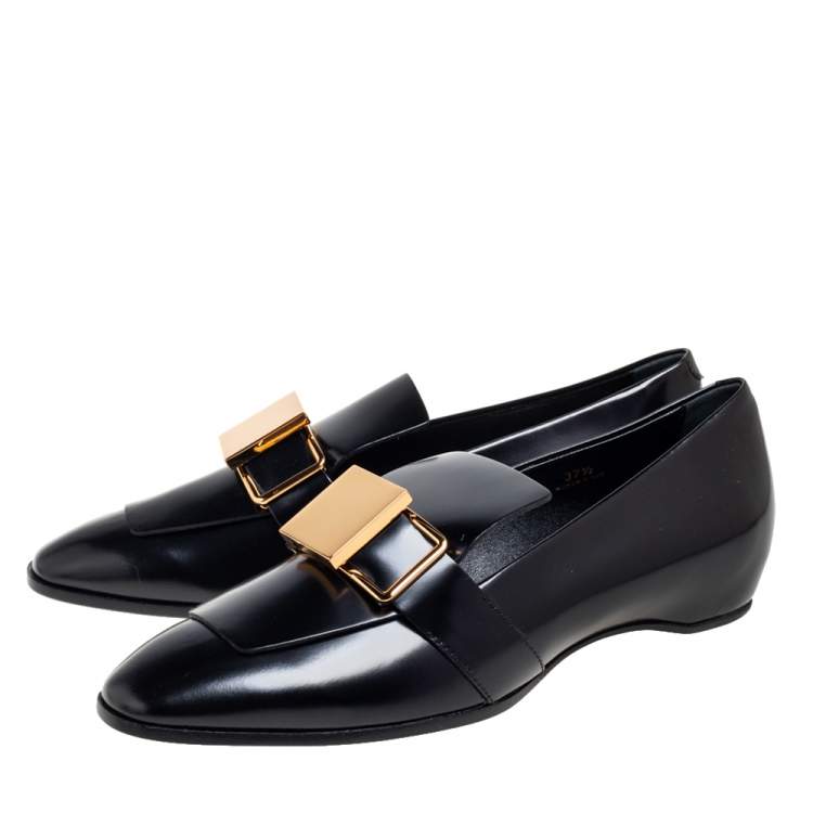 Pre Owned Tod's Black Patent Leather Metal Buckle Strap Loafers Size 37.5