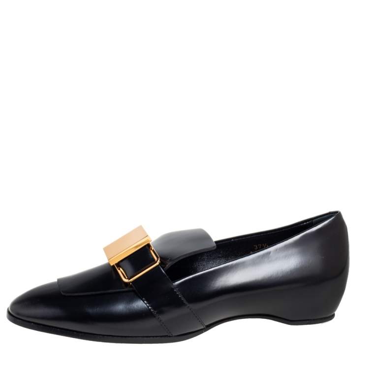 Pre Owned Tod's Black Patent Leather Metal Buckle Strap Loafers Size 37.5