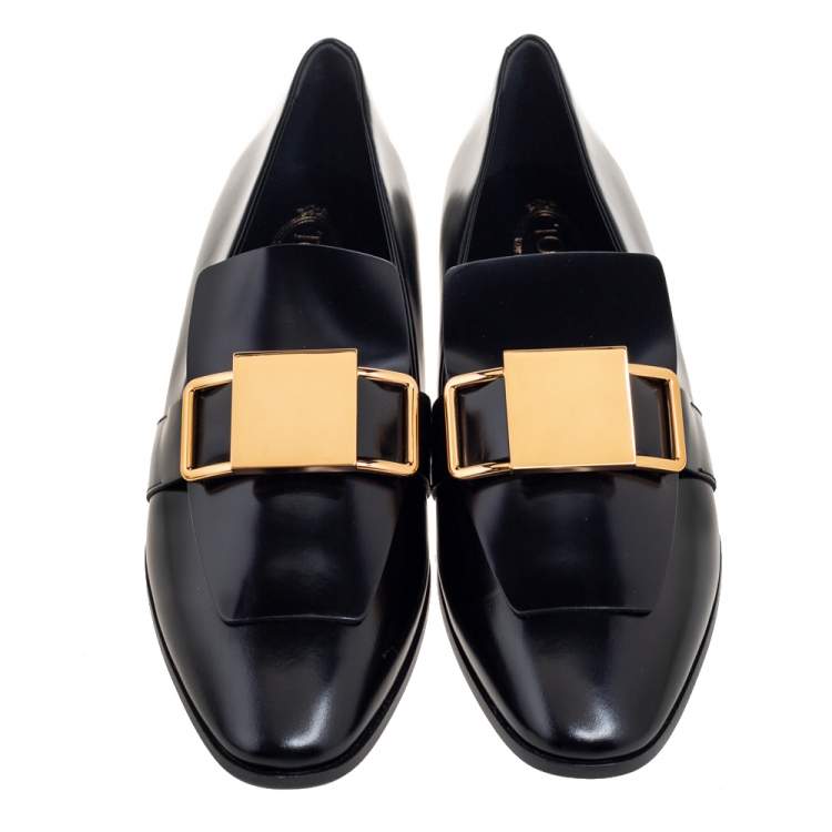 Pre Owned Tod's Black Patent Leather Metal Buckle Strap Loafers Size 37.5