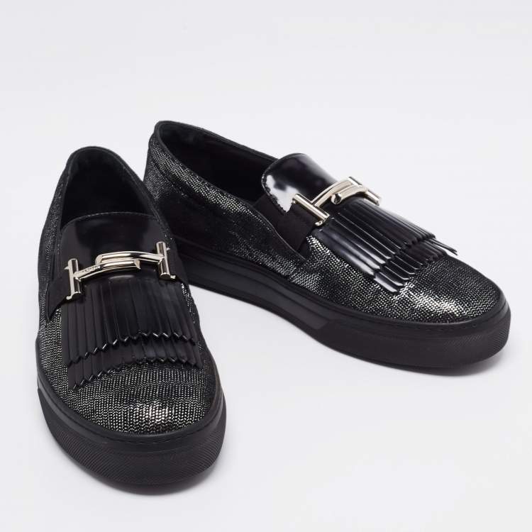 Pre Owned Tod's Black/Silver Laminated Suede Double T Fringe Slip-On Sneakers Size 40.5