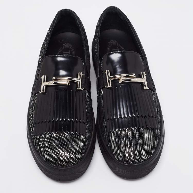 Pre Owned Tod's Black/Silver Laminated Suede Double T Fringe Slip-On Sneakers Size 40.5