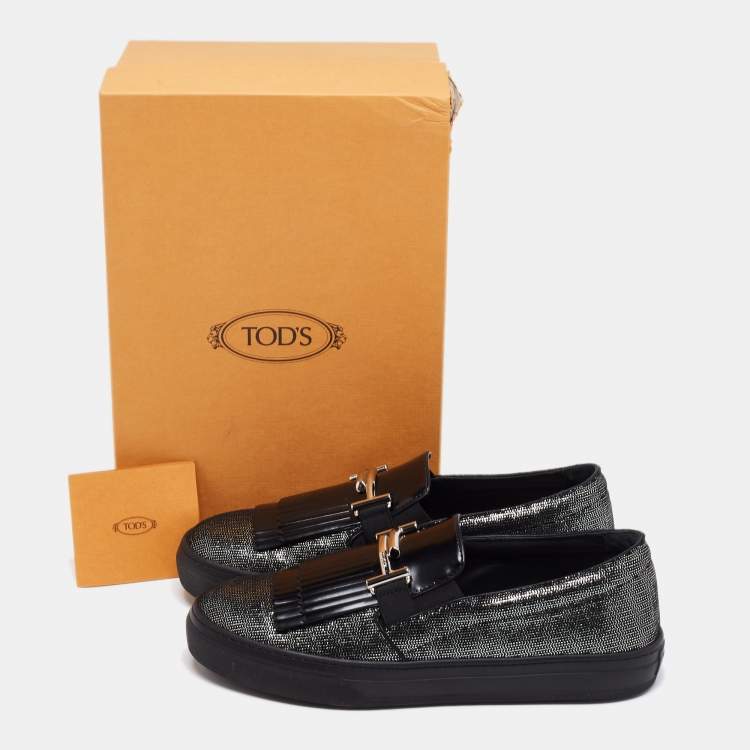 Pre Owned Tod's Black/Silver Laminated Suede Double T Fringe Slip-On Sneakers Size 40.5