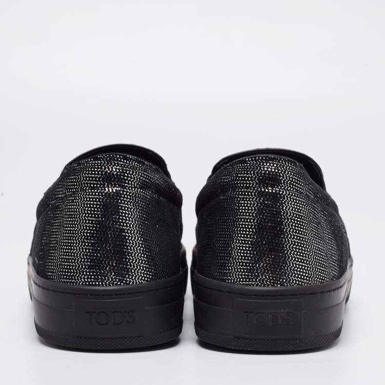 Pre Owned Tod's Black/Silver Laminated Suede Double T Fringe Slip-On Sneakers Size 40.5