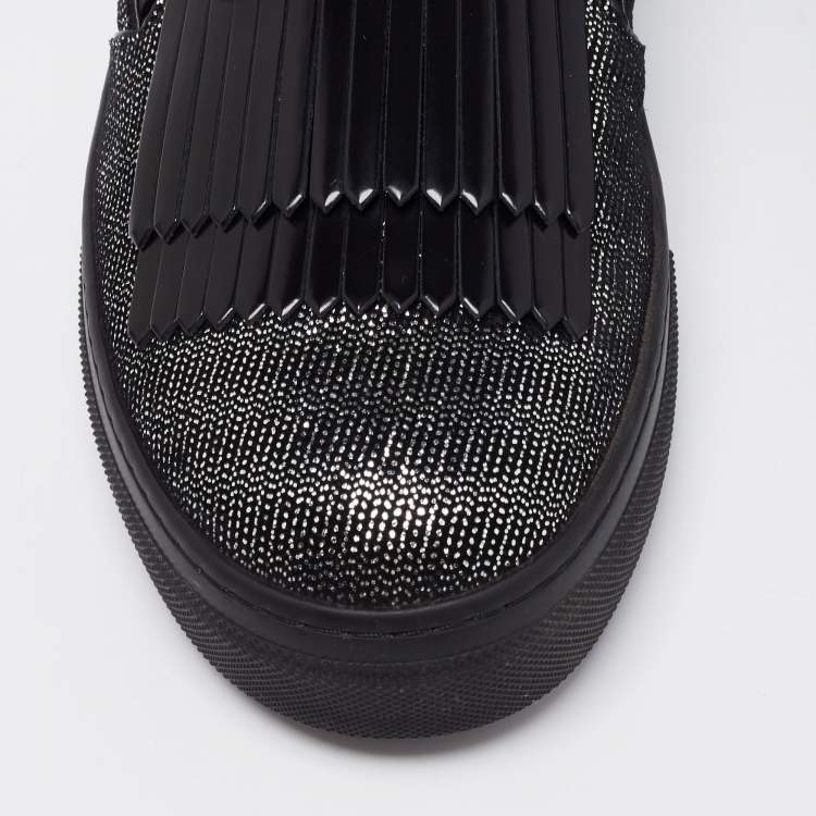 Pre Owned Tod's Black/Silver Laminated Suede Double T Fringe Slip-On Sneakers Size 40.5