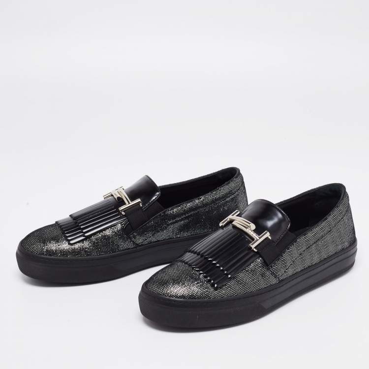 Pre Owned Tod's Black/Silver Laminated Suede Double T Fringe Slip-On Sneakers Size 40.5
