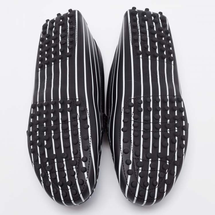 Pre Owned Tod's Black/White Stripe Printed Leather Studded Buckle Loafers Size 39