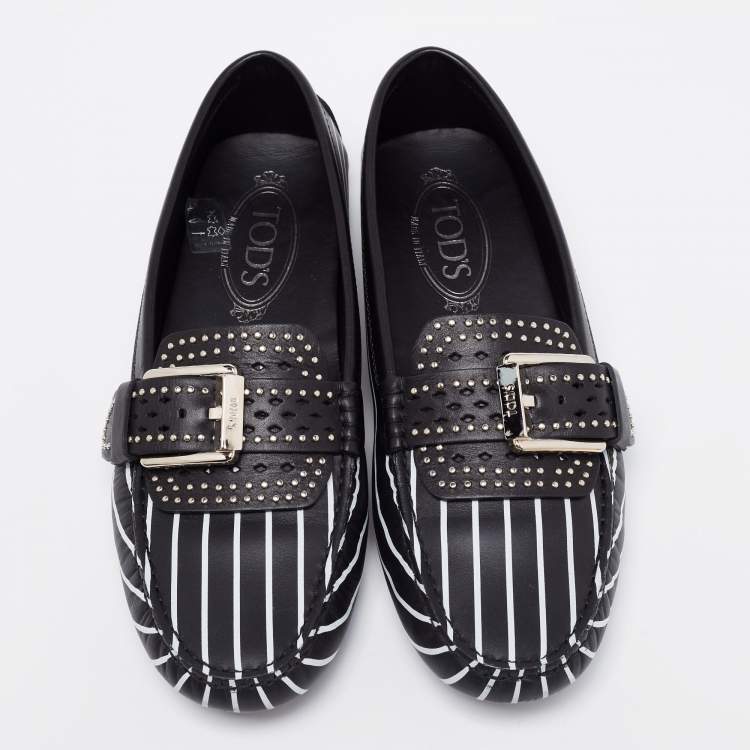 Pre Owned Tod's Black/White Stripe Printed Leather Studded Buckle Loafers Size 39