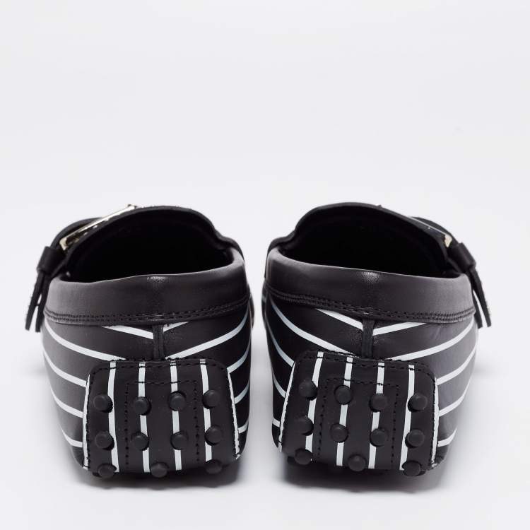 Pre Owned Tod's Black/White Stripe Printed Leather Studded Buckle Loafers Size 39