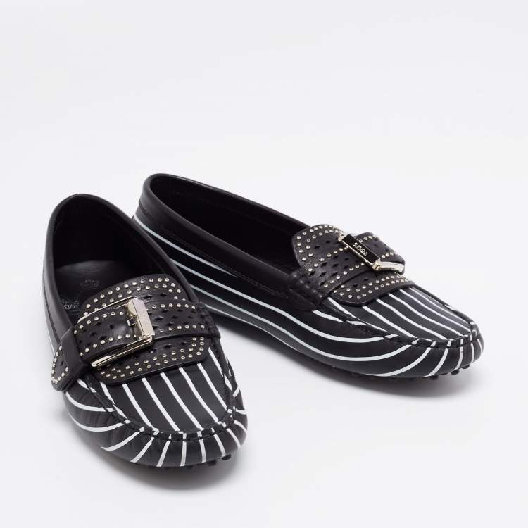Pre Owned Tod's Black/White Stripe Printed Leather Studded Buckle Loafers Size 39