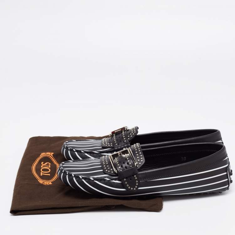 Pre Owned Tod's Black/White Stripe Printed Leather Studded Buckle Loafers Size 39