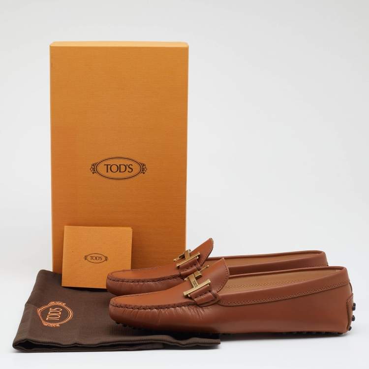 Pre Owned Tod's Brown Leather Double T Slip On Loafers Size 38.5