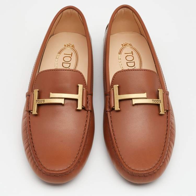 Pre Owned Tod's Brown Leather Double T Slip On Loafers Size 38.5
