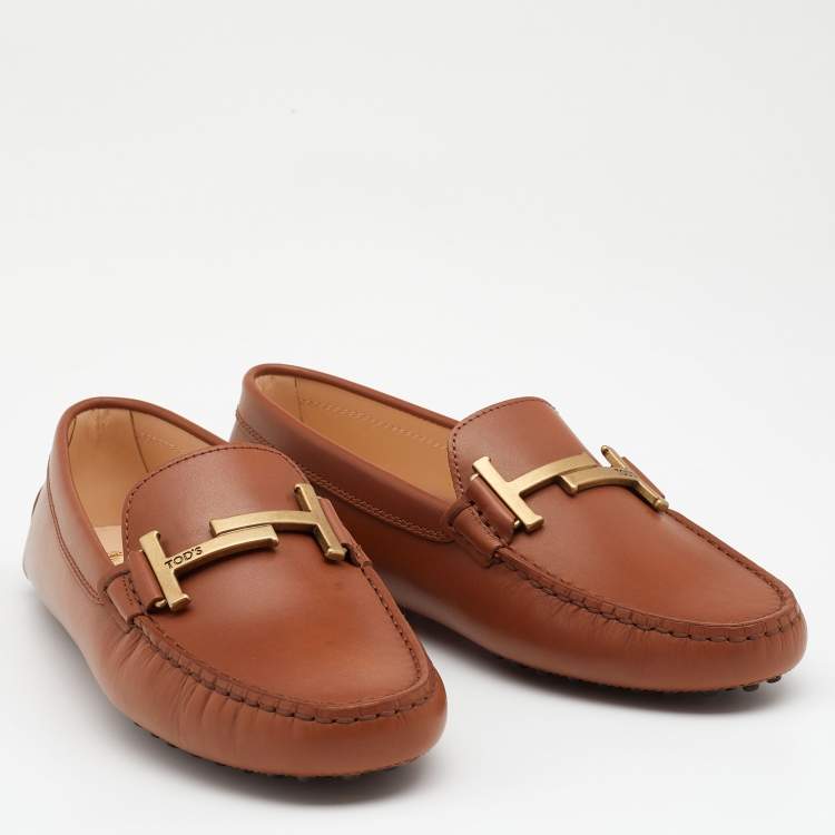 Pre Owned Tod's Brown Leather Double T Slip On Loafers Size 38.5
