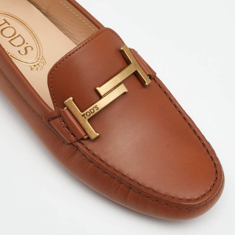 Pre Owned Tod's Brown Leather Double T Slip On Loafers Size 38.5