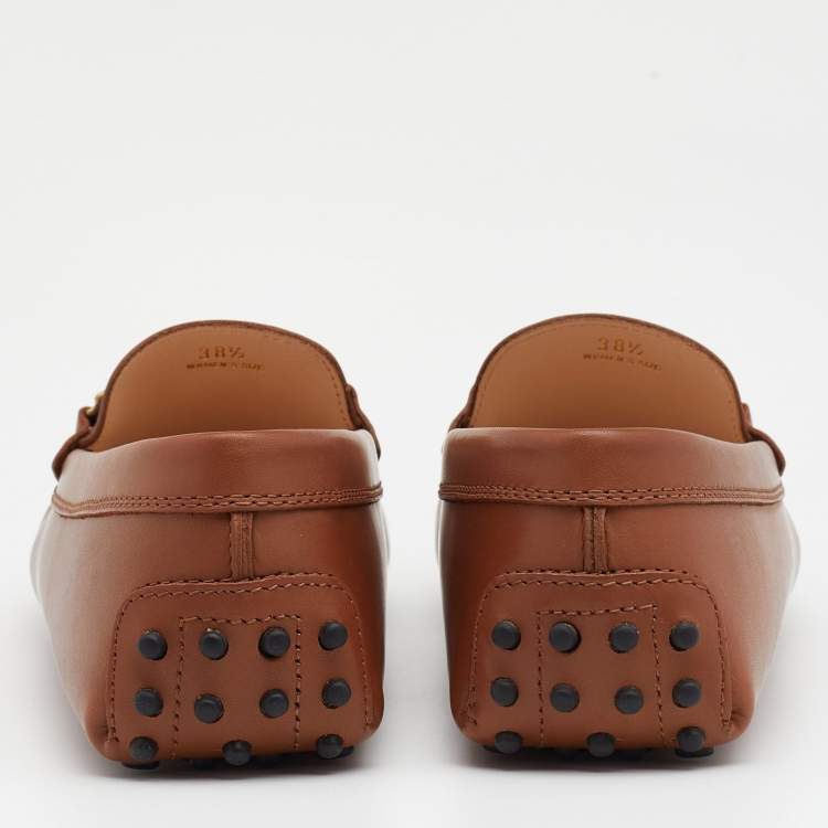 Pre Owned Tod's Brown Leather Double T Slip On Loafers Size 38.5