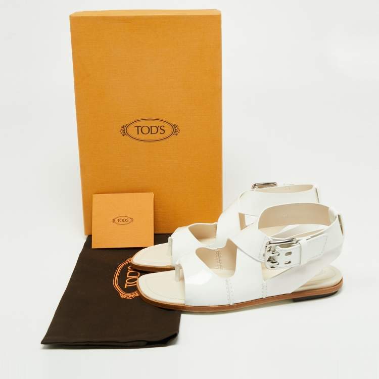 Pre Owned Tod's White Patent Leather Cross Strap Flat Sandals Size 37