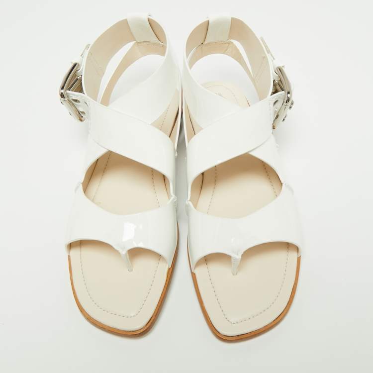 Pre Owned Tod's White Patent Leather Cross Strap Flat Sandals Size 37