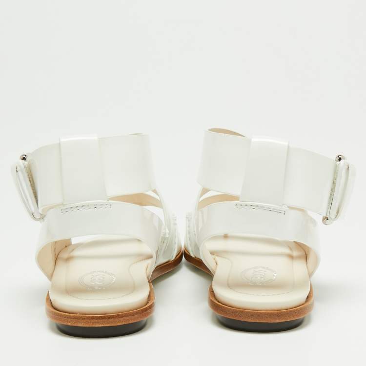 Pre Owned Tod's White Patent Leather Cross Strap Flat Sandals Size 37