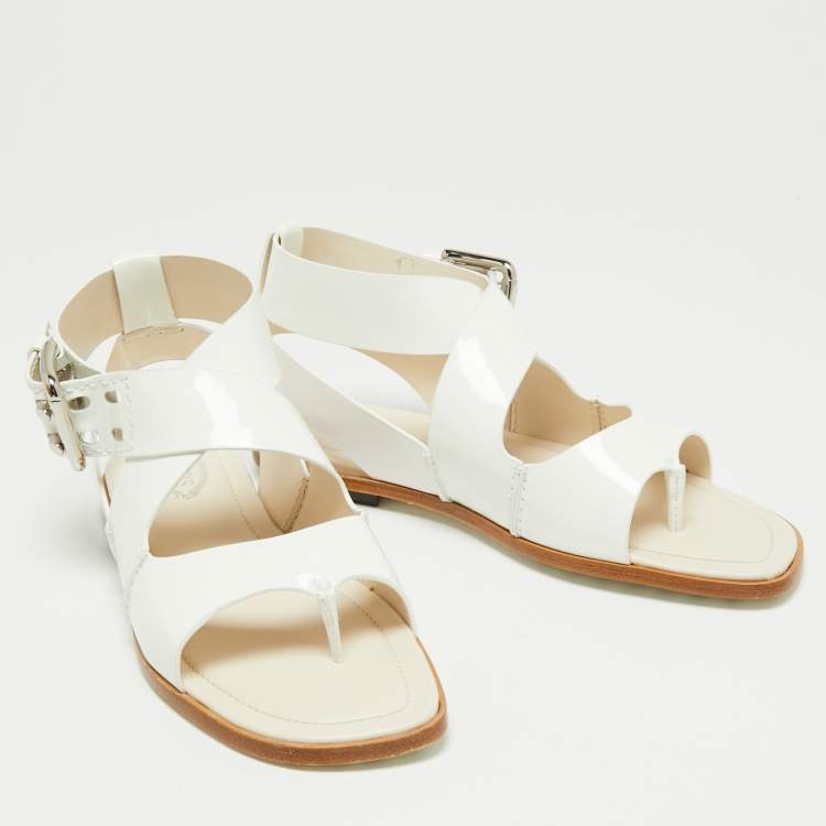 Pre Owned Tod's White Patent Leather Cross Strap Flat Sandals Size 37