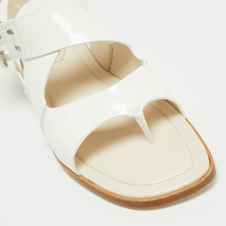 Pre Owned Tod's White Patent Leather Cross Strap Flat Sandals Size 37