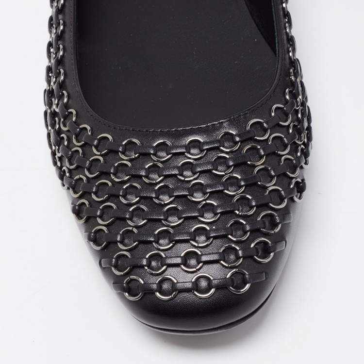Pre Owned Tod's Black Leather Stitch Detail And Embellished Ballet Flats Size 37