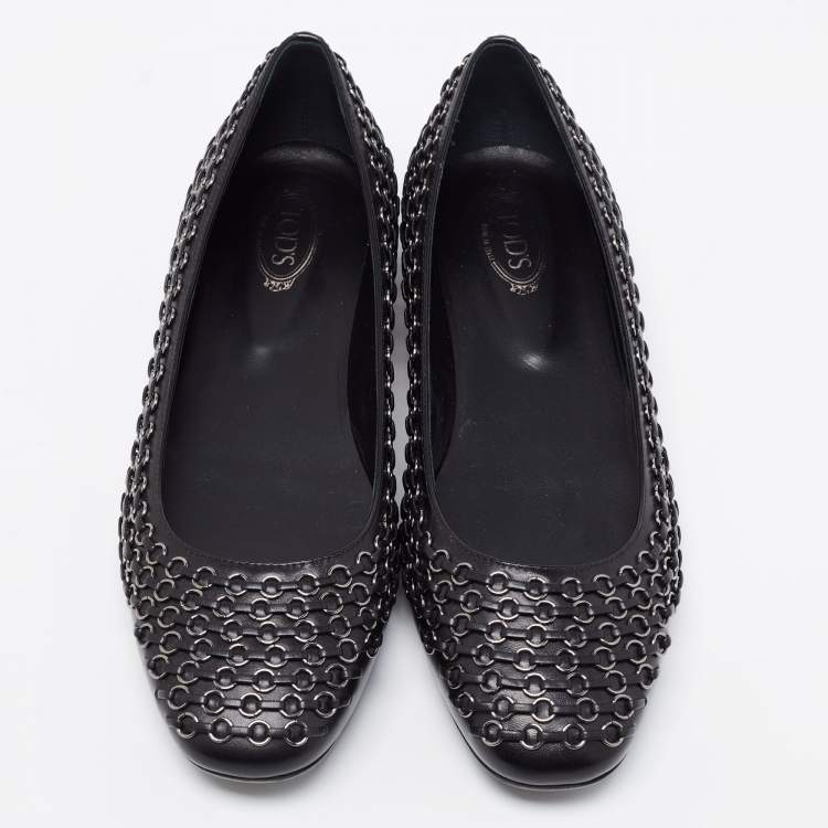 Pre Owned Tod's Black Leather Stitch Detail And Embellished Ballet Flats Size 37