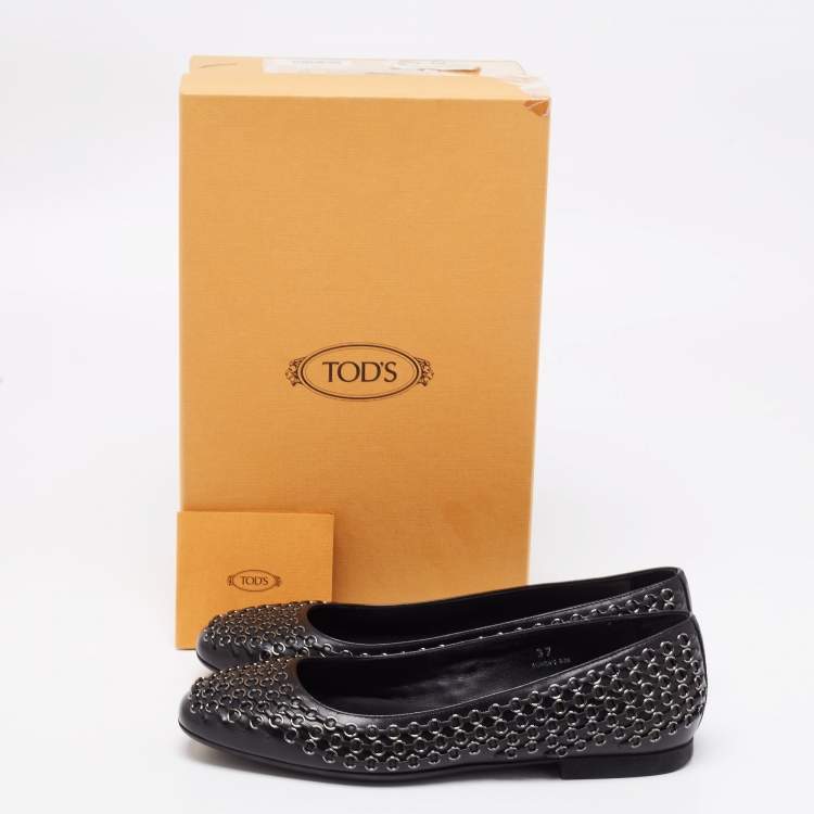 Pre Owned Tod's Black Leather Stitch Detail And Embellished Ballet Flats Size 37