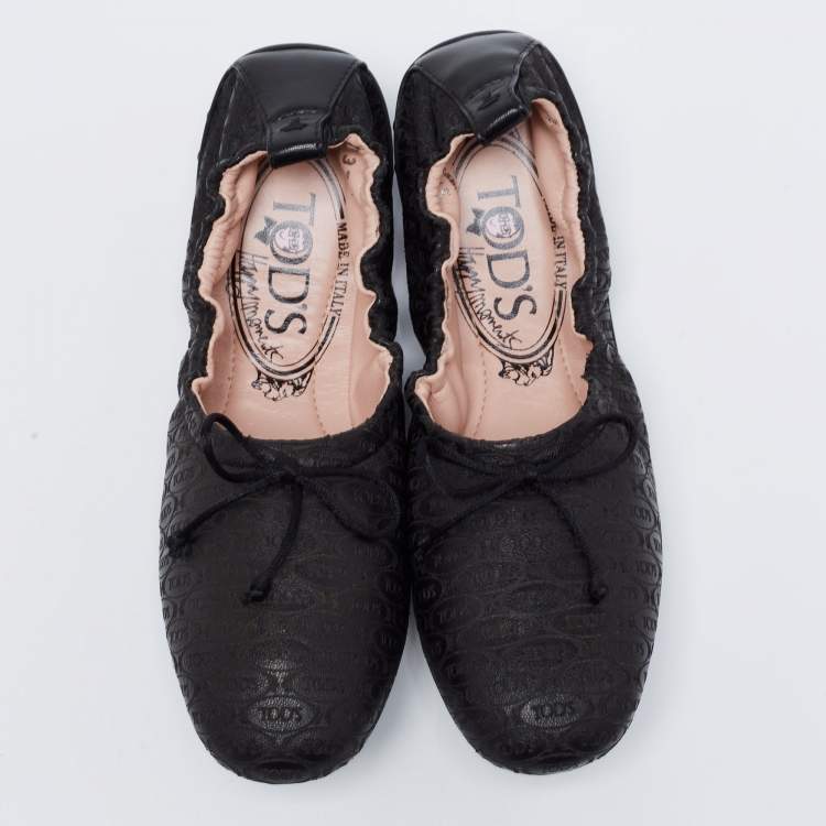 Pre Owned Tod's Black Leather Scrunch Ballet Flats Size 37