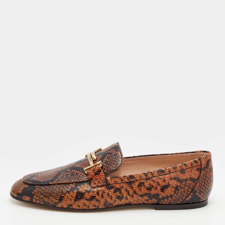 Pre Owned Tod's Brown/Black Python Embossed Leather Double T Slip On Loafers Size 40