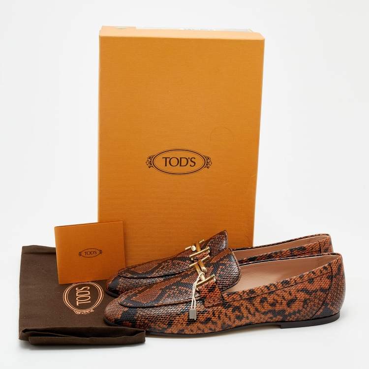 Pre Owned Tod's Brown/Black Python Embossed Leather Double T Slip On Loafers Size 40