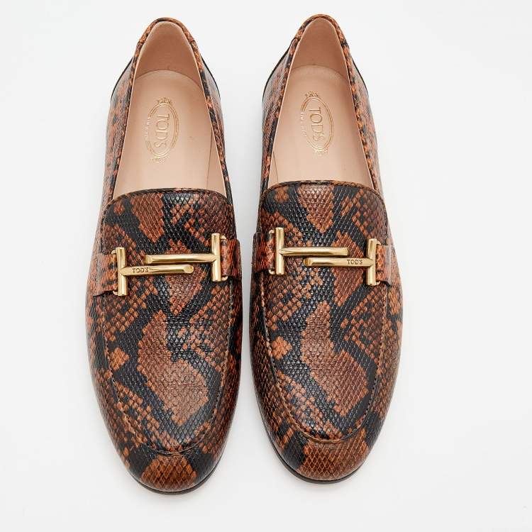 Pre Owned Tod's Brown/Black Python Embossed Leather Double T Slip On Loafers Size 40