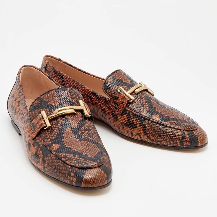 Pre Owned Tod's Brown/Black Python Embossed Leather Double T Slip On Loafers Size 40