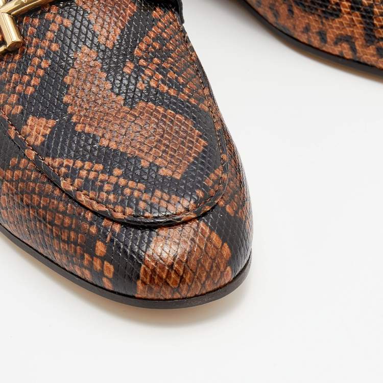 Pre Owned Tod's Brown/Black Python Embossed Leather Double T Slip On Loafers Size 40