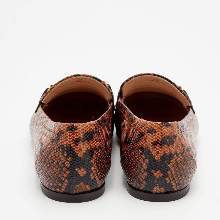 Pre Owned Tod's Brown/Black Python Embossed Leather Double T Slip On Loafers Size 40