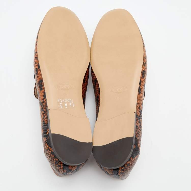 Pre Owned Tod's Brown/Black Python Embossed Leather Double T Slip On Loafers Size 40