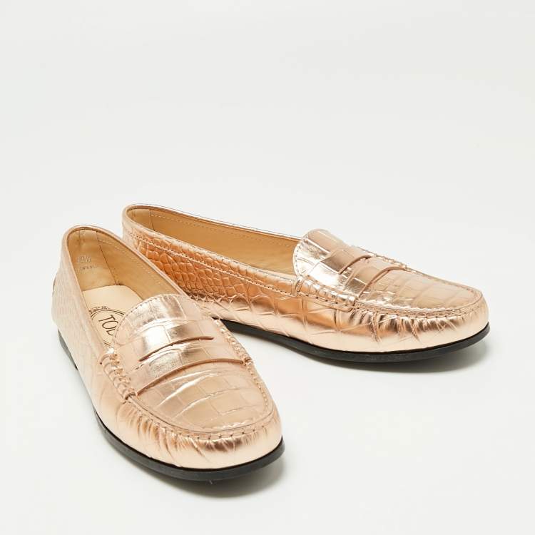 Pre Owned Tod's Metallic Gold Croc Embossed Leather Gommino Penny Loafers Size 39.5