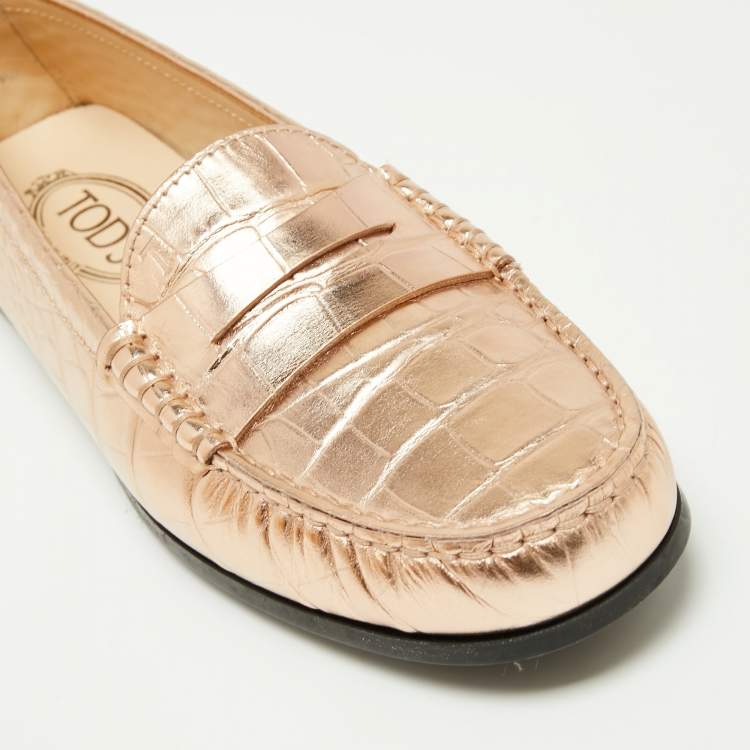 Pre Owned Tod's Metallic Gold Croc Embossed Leather Gommino Penny Loafers Size 39.5