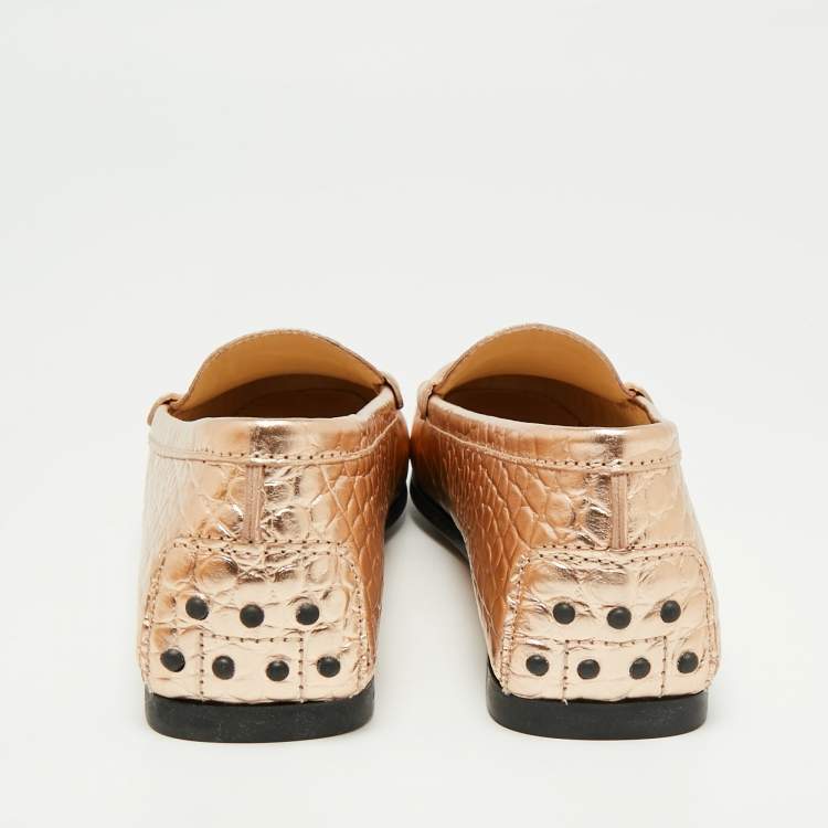 Pre Owned Tod's Metallic Gold Croc Embossed Leather Gommino Penny Loafers Size 39.5