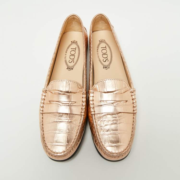 Pre Owned Tod's Metallic Gold Croc Embossed Leather Gommino Penny Loafers Size 39.5
