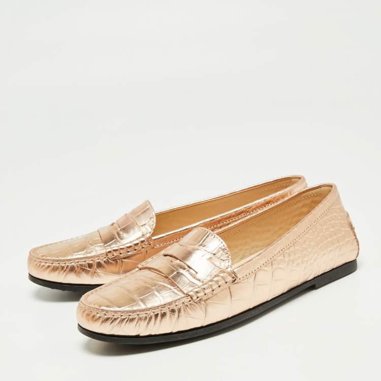 Pre Owned Tod's Metallic Gold Croc Embossed Leather Gommino Penny Loafers Size 39.5