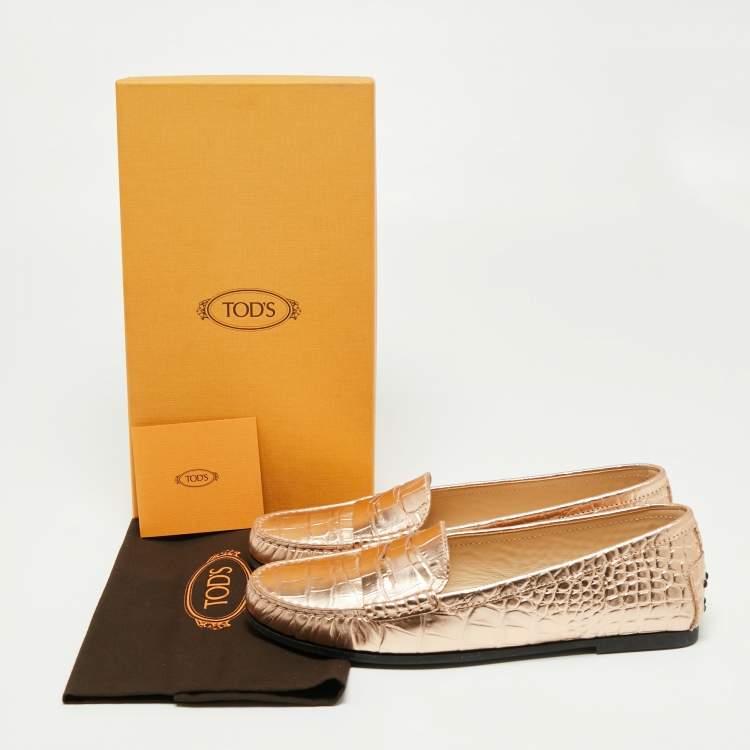 Pre Owned Tod's Metallic Gold Croc Embossed Leather Gommino Penny Loafers Size 39.5