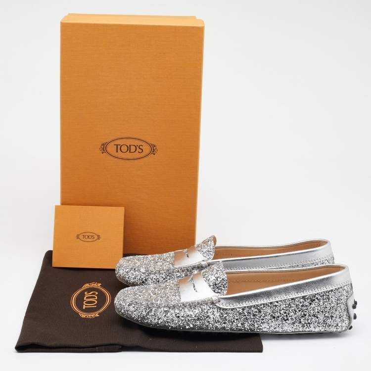 Pre Owned Tod's Silver Glitter And Leather Penny Slip On Loafers Size 37