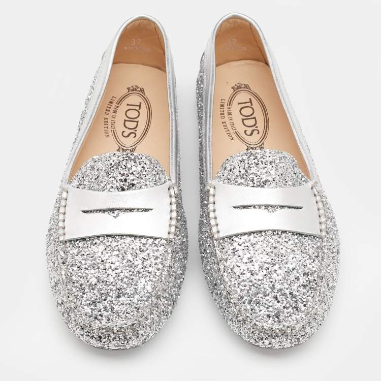 Pre Owned Tod's Silver Glitter And Leather Penny Slip On Loafers Size 37